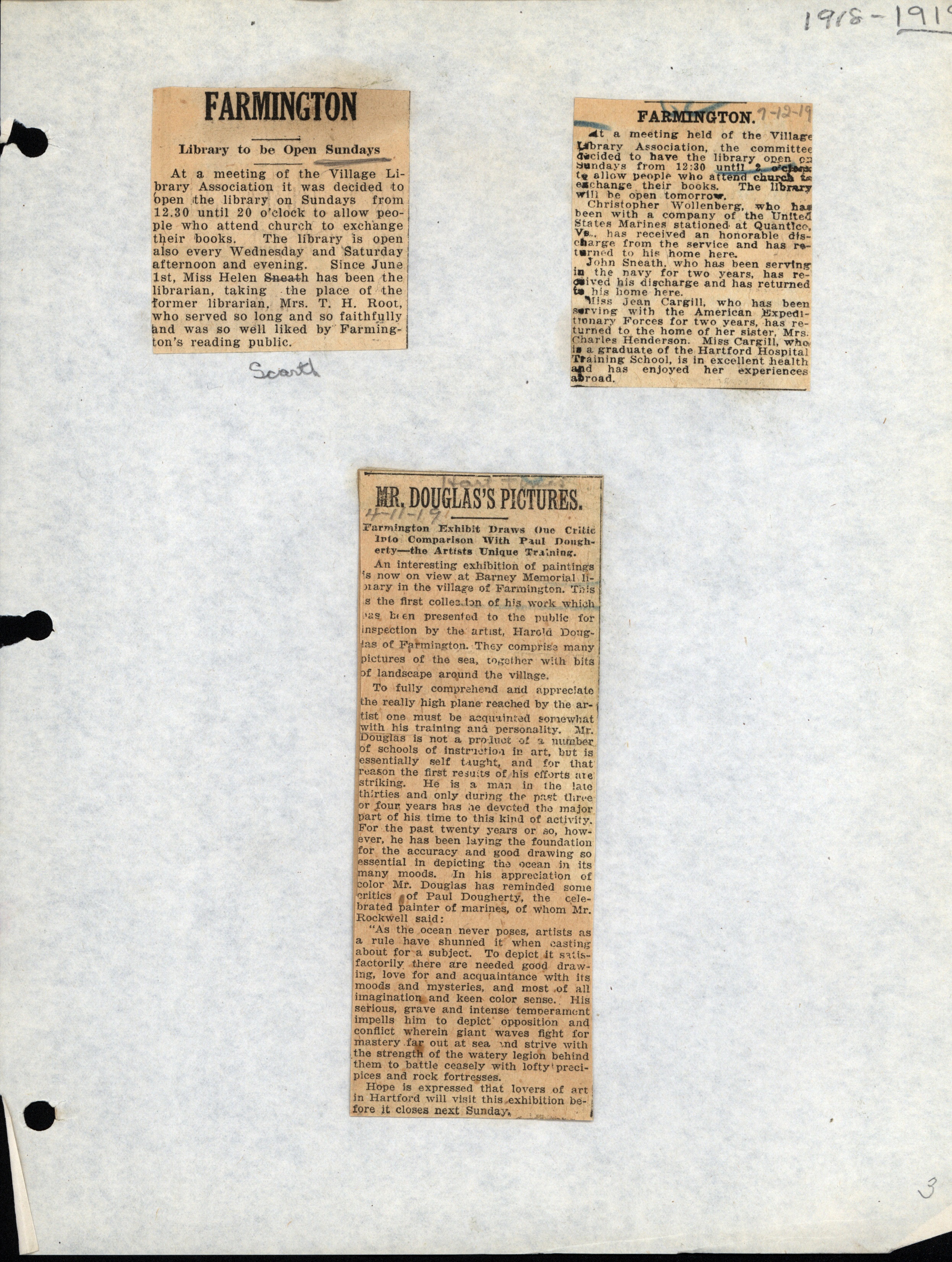 Farmington Village Library to open Sundays and Exhibition of Harold Douglas's Photos