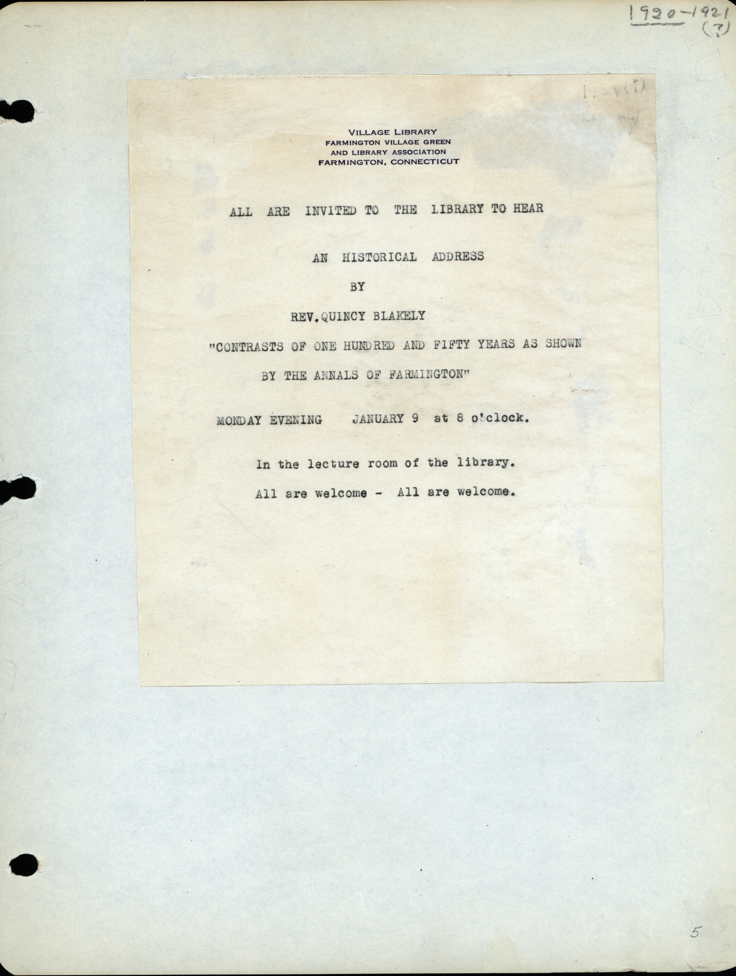 Farmington Village Green Invitiation to an Historical Address by Rev. Quincy Blakely at the Library