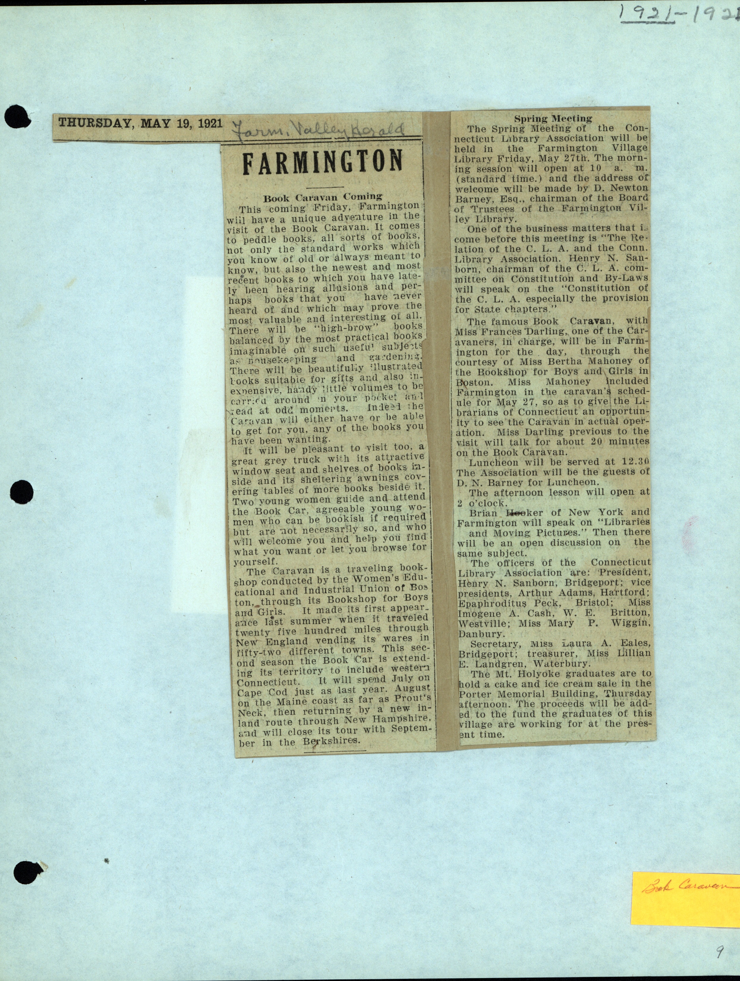 Arrival of the Book Caravan at the Farmington Village Library and The Spring Meeting of the CT Library Association